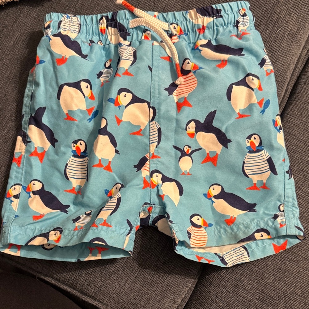 Baby Boden Light Blue Puffin Swim Shorts with Orange Accents